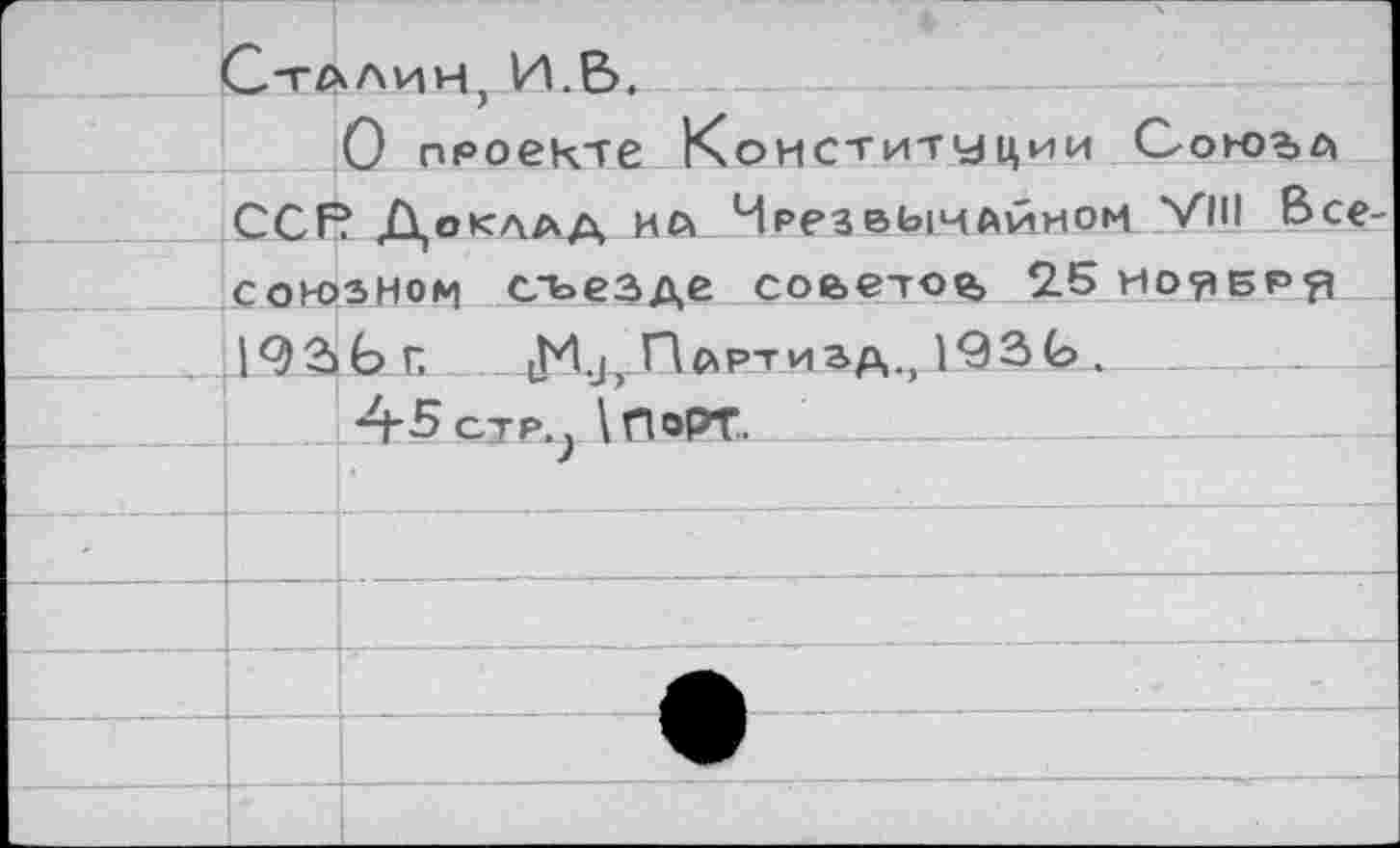 ﻿	С-ТАЛИН И.В.
	0 проекте Конституции Союьа
	CCF? Доклад на Чрезвычайном VIII Все-
	союзном съезде соъето^, 2.Б
	192x6 г, iM.i Партизд 1936.
	А'В ctp.j \ПорТ.
		L	—1:			.	
			—
	
	
	
	